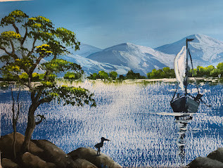 Demo 2, acrylic lake and mountain scene, brush and palette knife.jpg